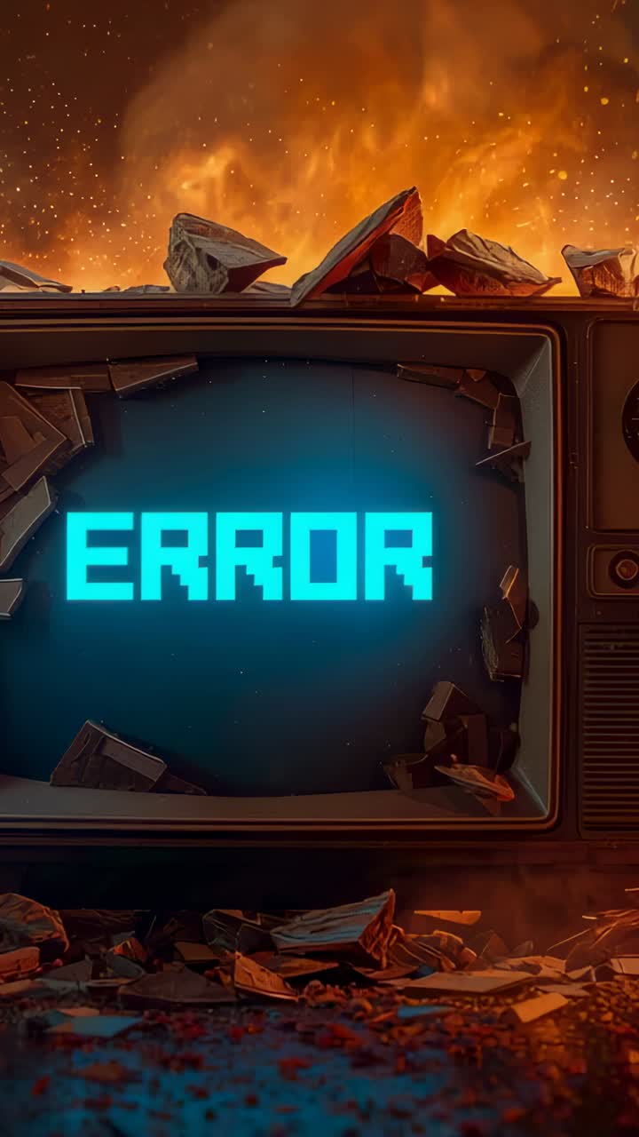 Vertical video: Flickering retro CRT TV displaying cyan ERROR in burning room, showing broken glass