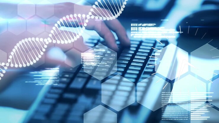 Animation of data processing with dna strand and clock over hands typing on keyboard