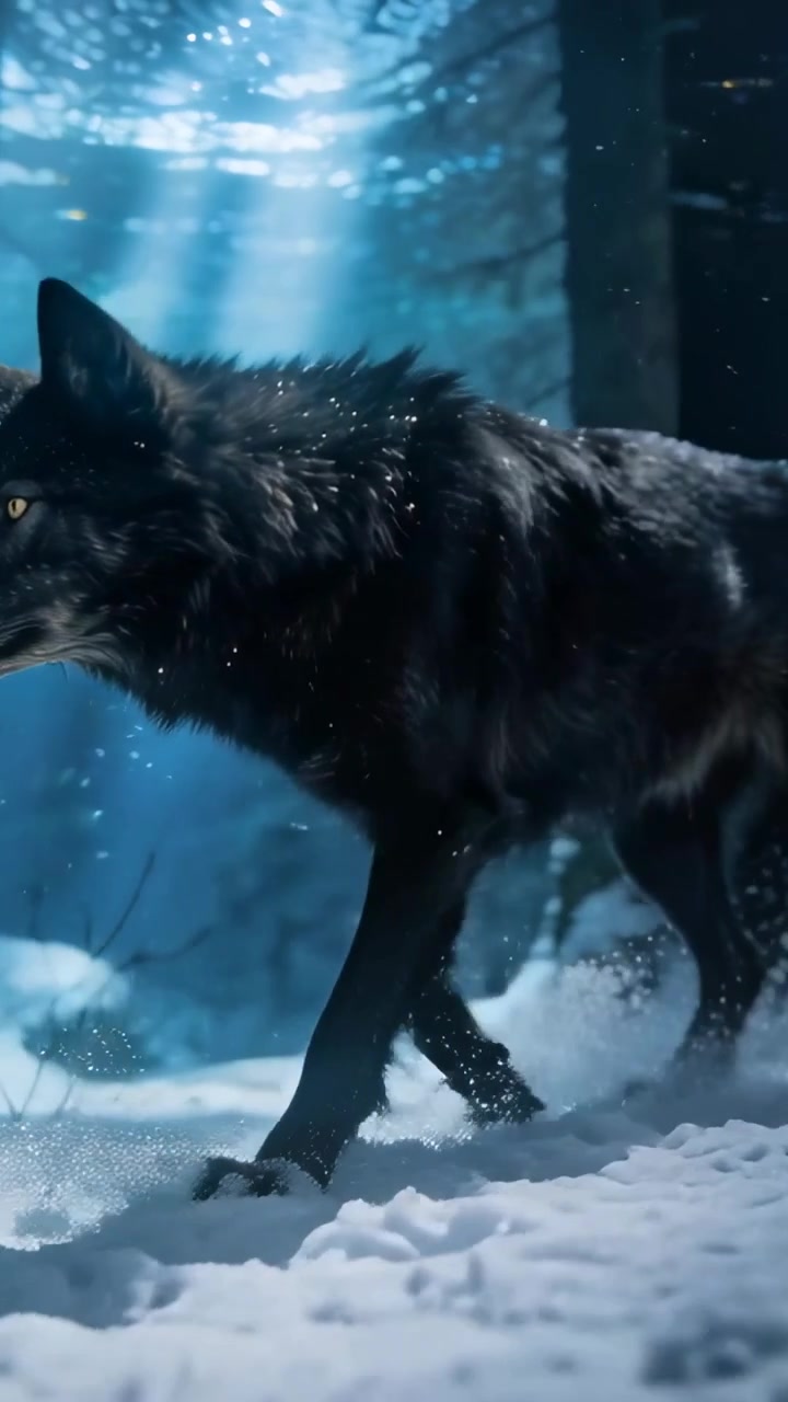 Vertical video: Walking black wolf moving through snowy forest under blue light, tracking scent