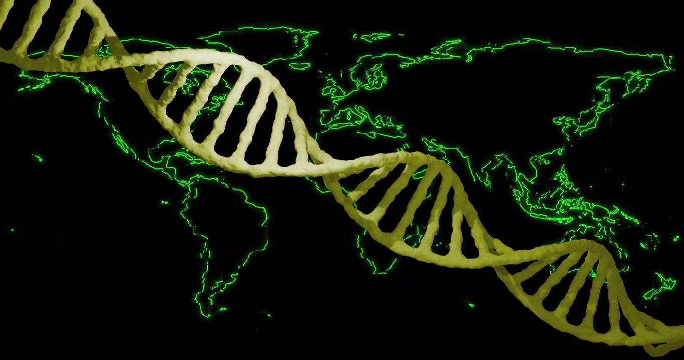 Vertical video: Starting sculpted double-helix shifting hues and rotating over neon green map