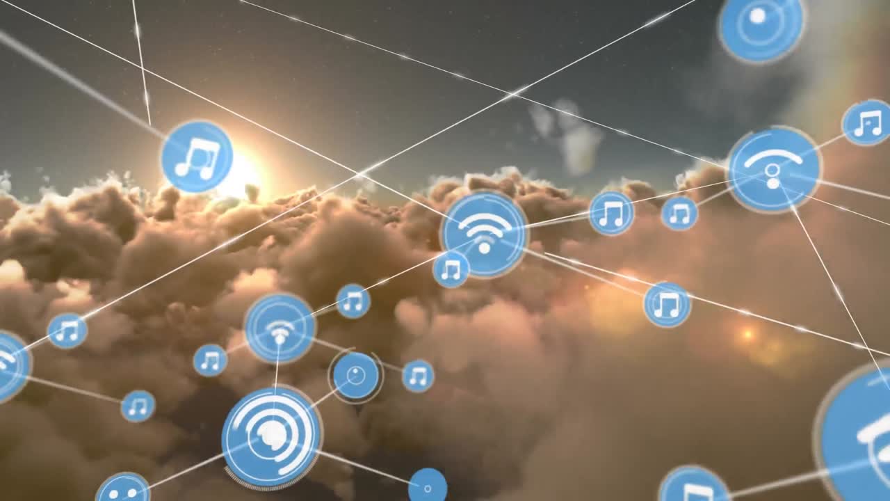 animación de la red de conexiones de iconos con wi-fi sobre nubes