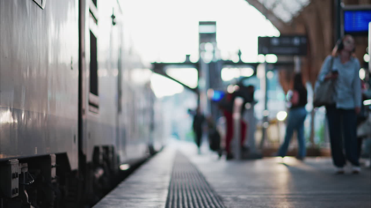Blurry view of people and trains moving at the Nice Train Station