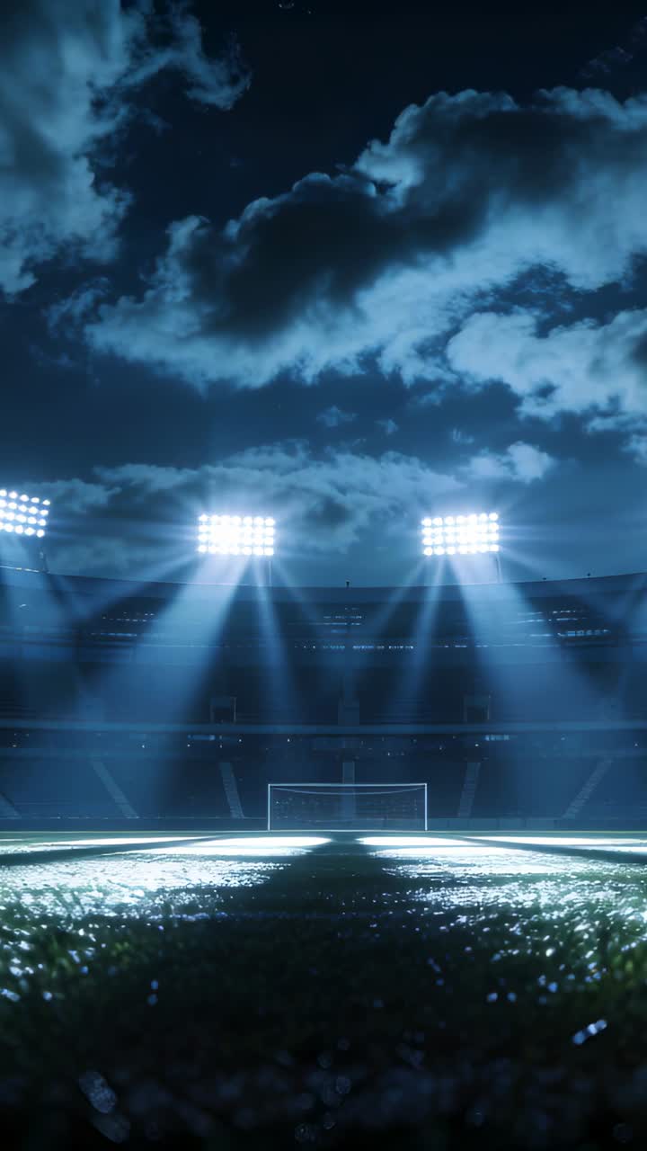 Floodlights activating, center goal glowing while beams highlighting wet pitch for sports broadcast
