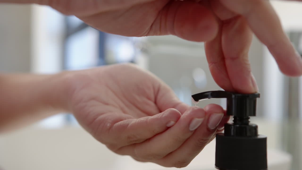 Using hand sanitizer, person maintaining hygiene in bathroom