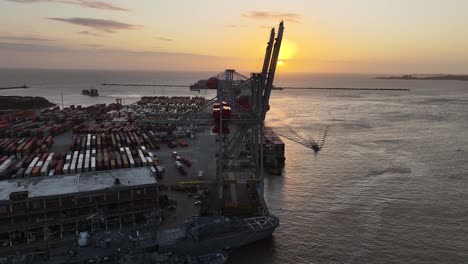 aerial view of a busy port at sunset