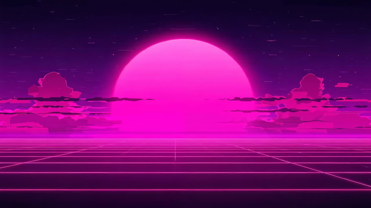 Playback starting, magenta sun rising and glowing over neon grid, clouds drifting across sun