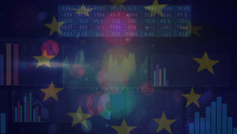 animación del procesamiento de datos financieros sobre puntos de luz y bandera de la ue