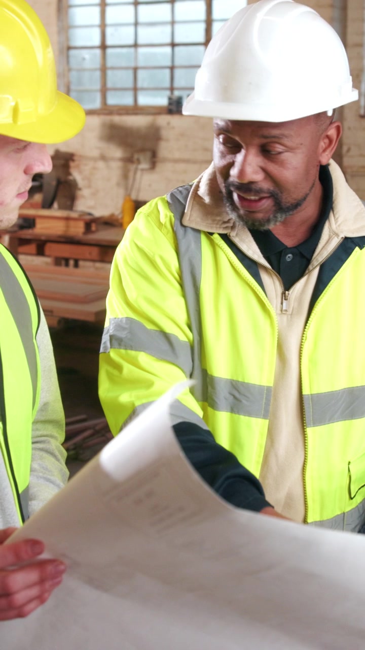 Construction Workers Reviewing Blueprints in Workshop