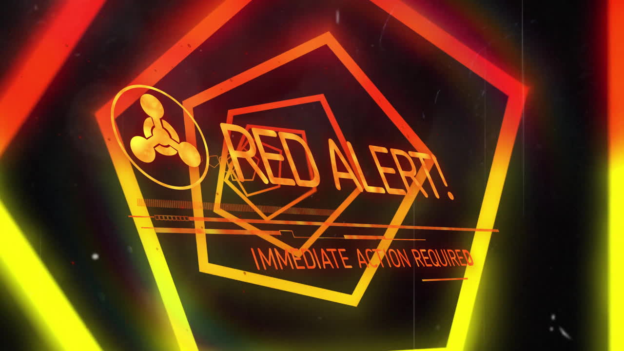 Animazione di testo di allerta rossa ed elaborazione dati su tunnel al neon