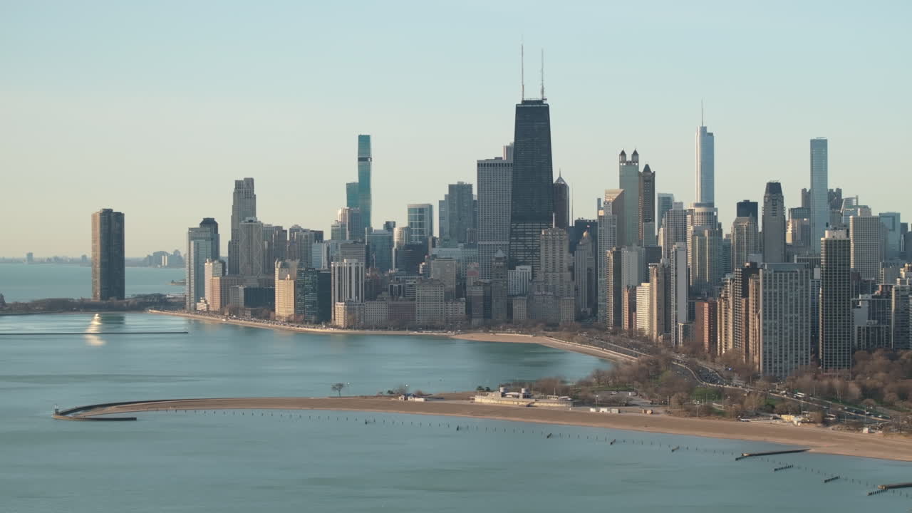 Aerial view of Chicago at sunrise. Shot on a spring morning along Lake Michigan.
