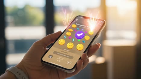 celebrating transaction success: a person's hand holds a smartphone displaying positive feedback with visual confetti and app icons in a bright, modern setting