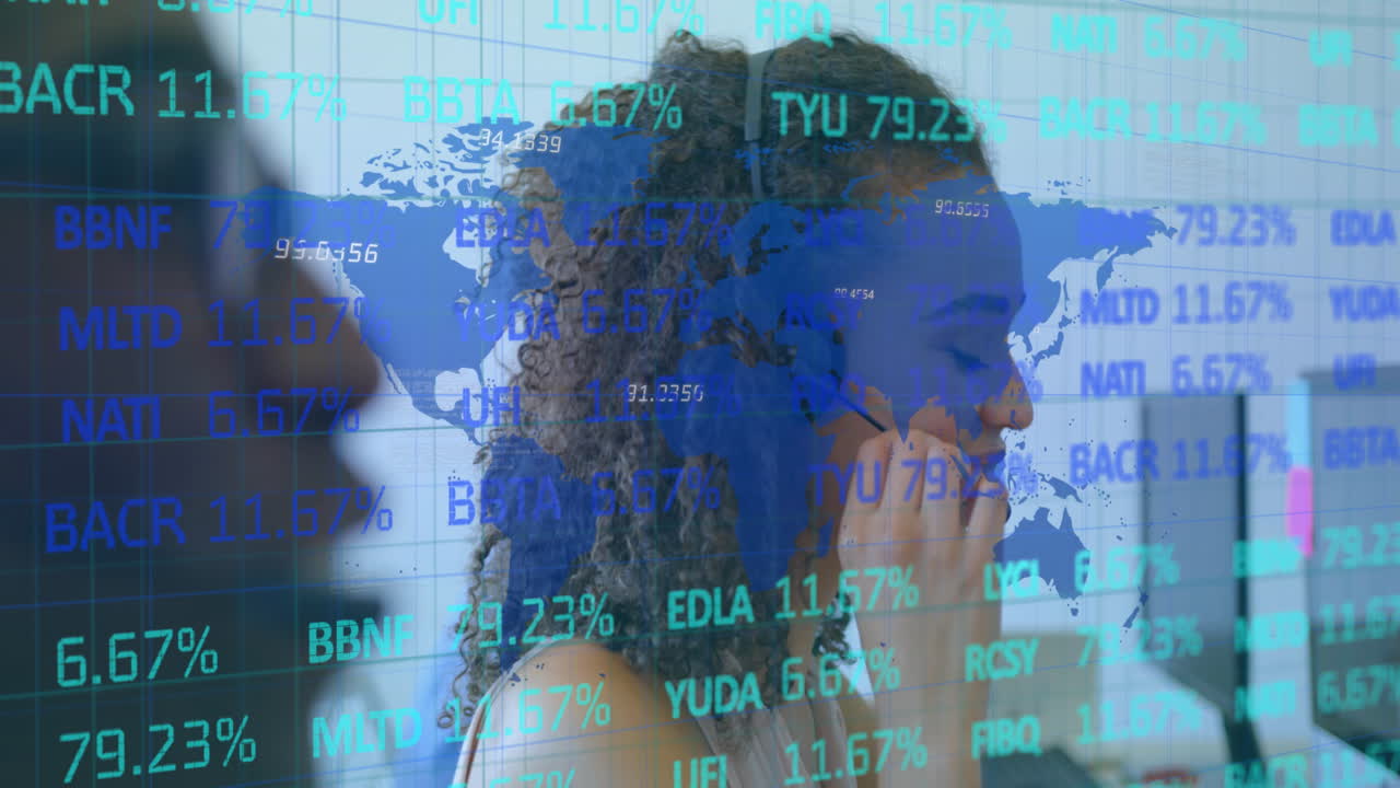 Data processing and blue world map over female call centre worker