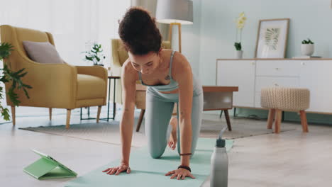 Yoga,-tablet-and-woman-with-online-video