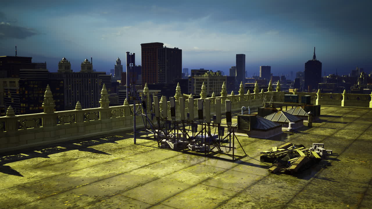 Rooftop view showcasing city skyline during twilight with structures