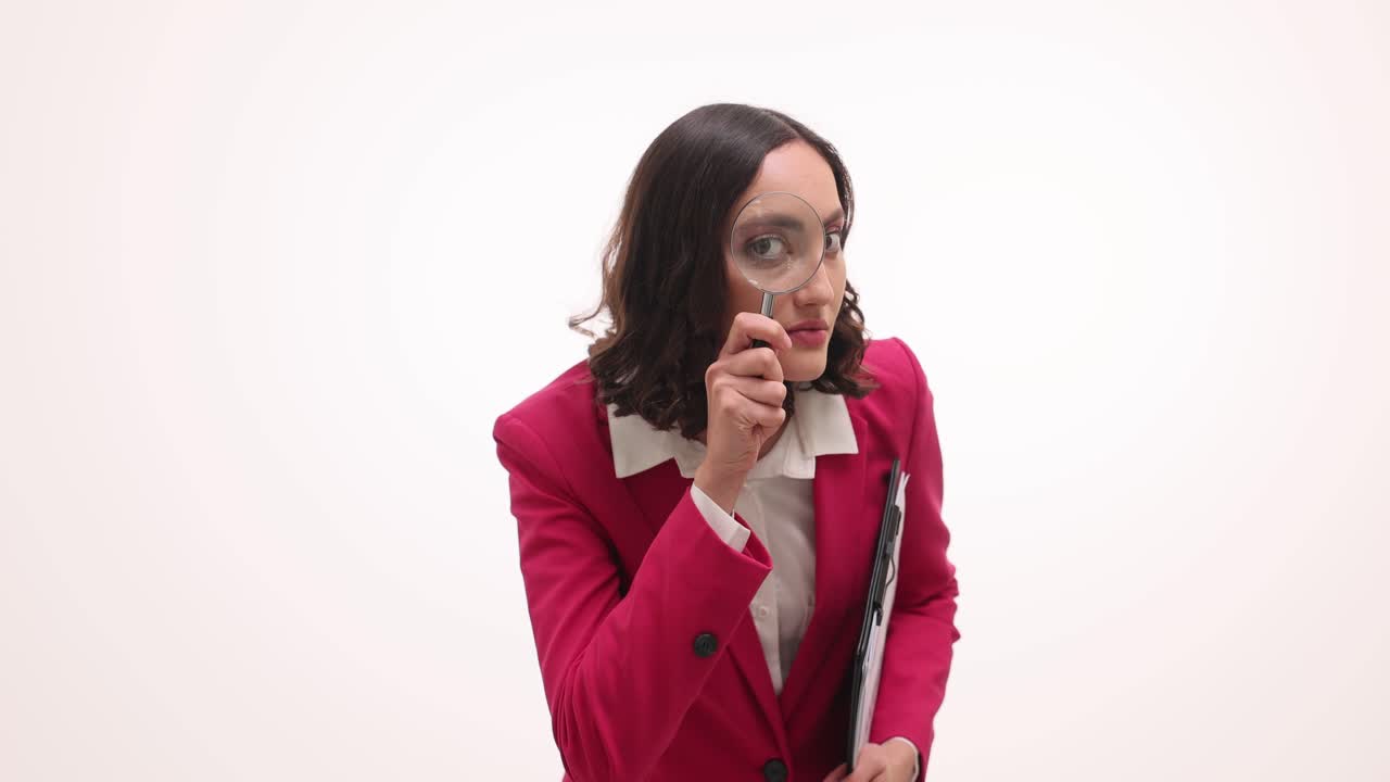 Businesswoman examining data with magnifying glass