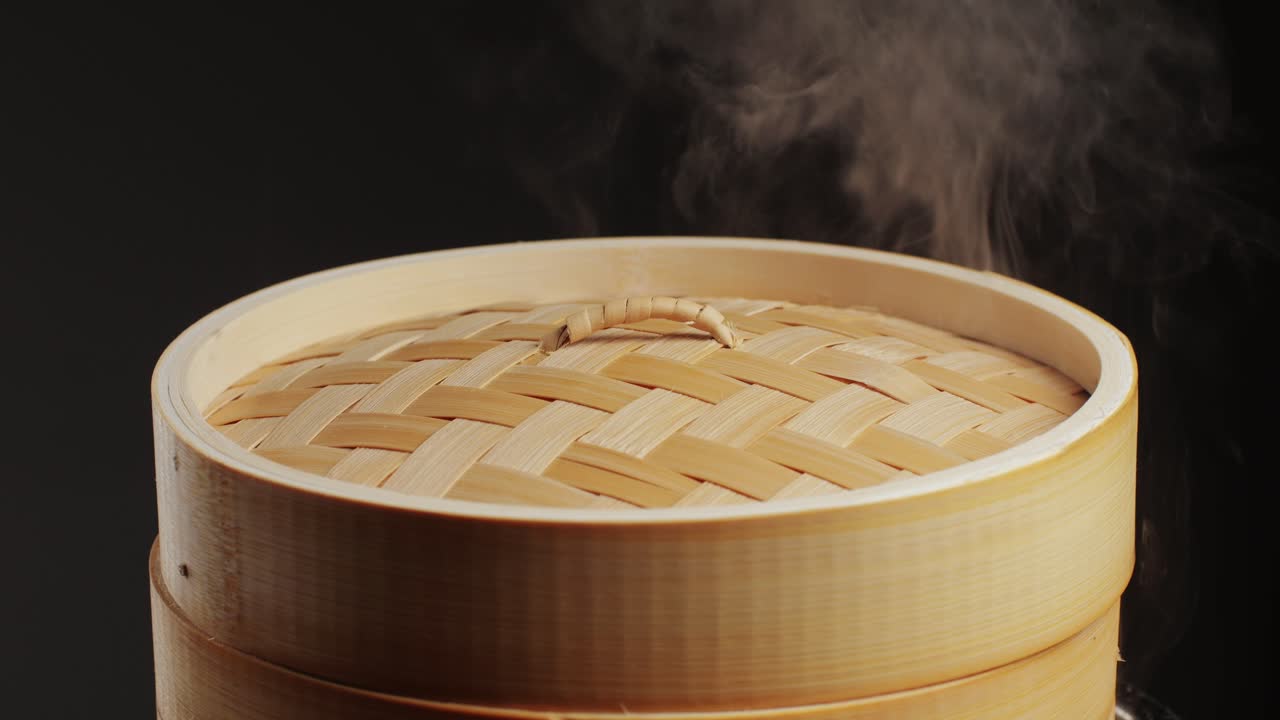 Various of dim sum on wooden steamer close-up macro. Steaming Technique. Chinese dessert food. Dimsum with shrimps, fish and meat. Dish in a cafe. Homade. Delivery