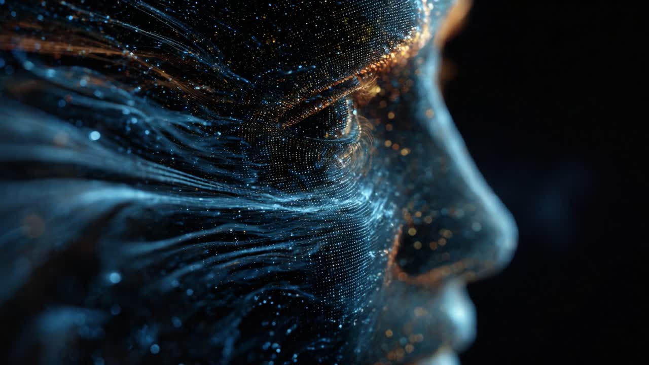 Exploring the Intricacies of Digital Representation: A Close-Up View of an Artistic Face Formed by Dynamic Streams of Light and Color, Capturing the Essence of Technology and Human Expression
