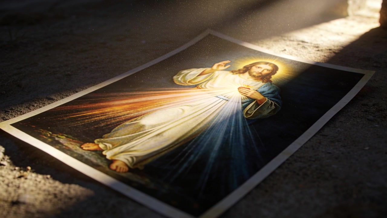 Luz solar cambiante acercando la cámara a un grabado en un suelo polvoriento, iluminando una túnica blanca y una capa azul.