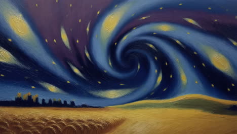 vibrant swirling starry sky over a golden wheat field - van gogh style painting
