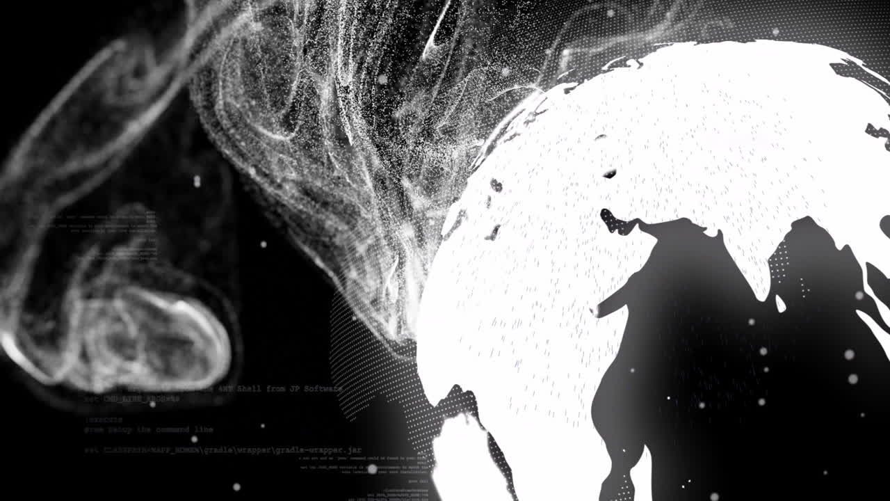 3D globe being rendered in digital scene, showing swirling particles and floating code overlays