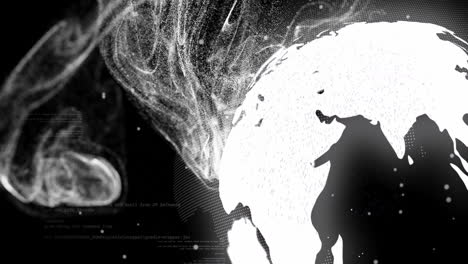 3d globe being rendered in digital scene, showing swirling particles and floating code overlays