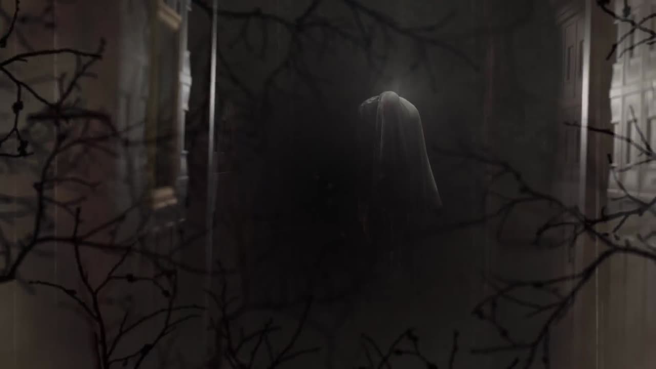 animación de ramas de árboles sobre fantasma en fondo negro en halloween