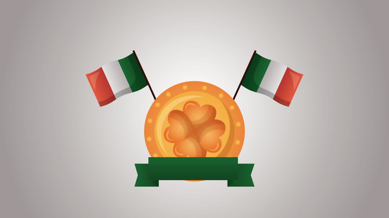 tarjeta animada del día de san patricio con trébol de moneda y banderas de irlanda