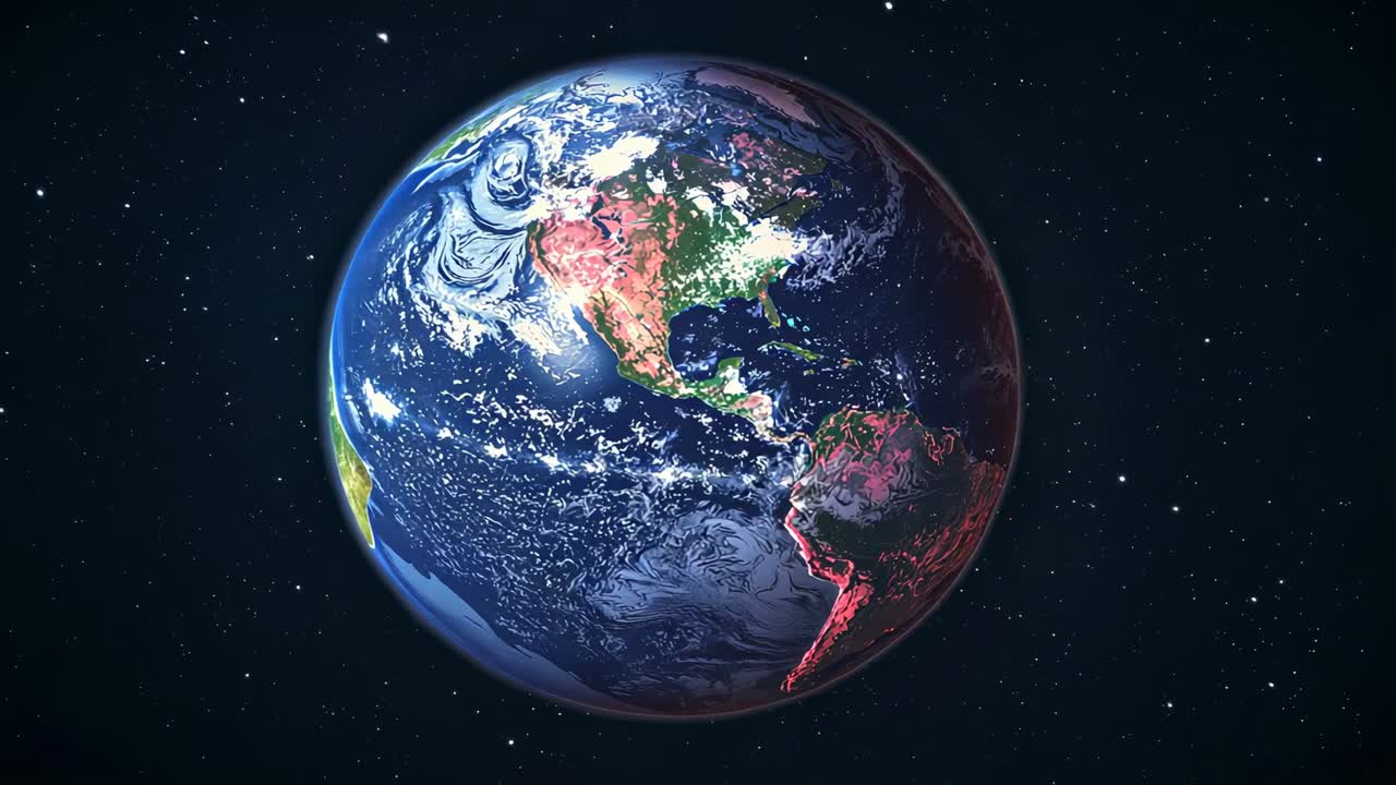 Starting 3D Earth spinning through star field, highlighting shifting continents and swirling clouds