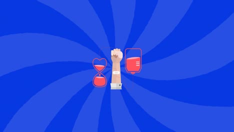 Animation-of-illustration-of-person-donating-blood-on-blue-spinning-stripes