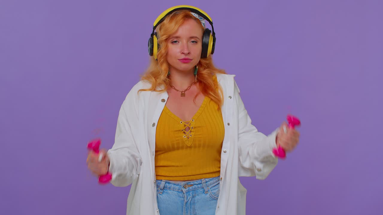 스포츠적인 은 머리 사랑스러운 소녀 헤드폰을 통해 음악을 듣고, 운동, 핑, 덤벨을 들어 올리는