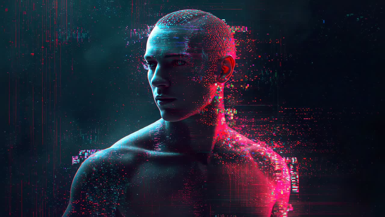 Bursting glitch washing over shirtless male revealing muscles, shifting gaze in hazy digital space