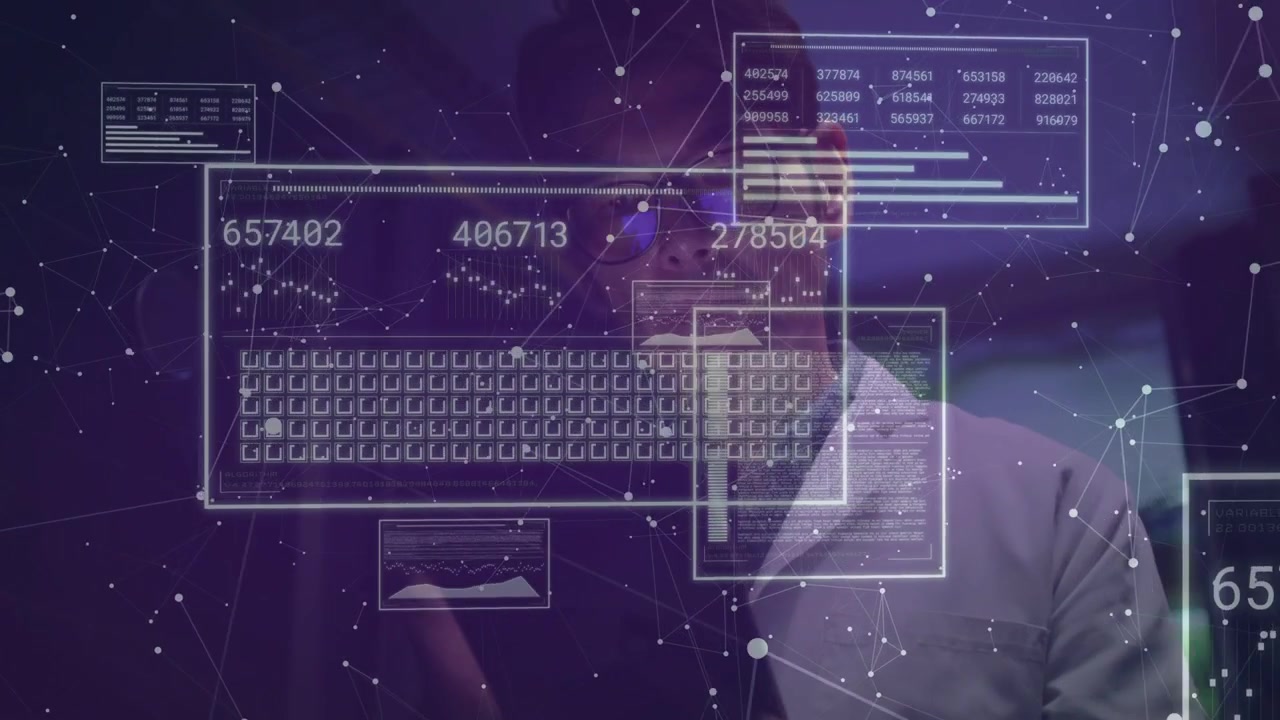 Researcher raising hand to holo UI in lab, activating keyboard grid and analyzing numeric readouts