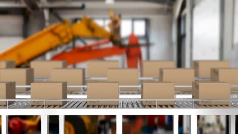 multiple delivery boxes on conveyor belt against factory in background