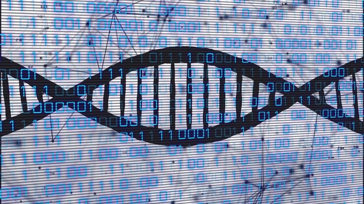 Animation of dna strand with binary coding data processing over network of connections