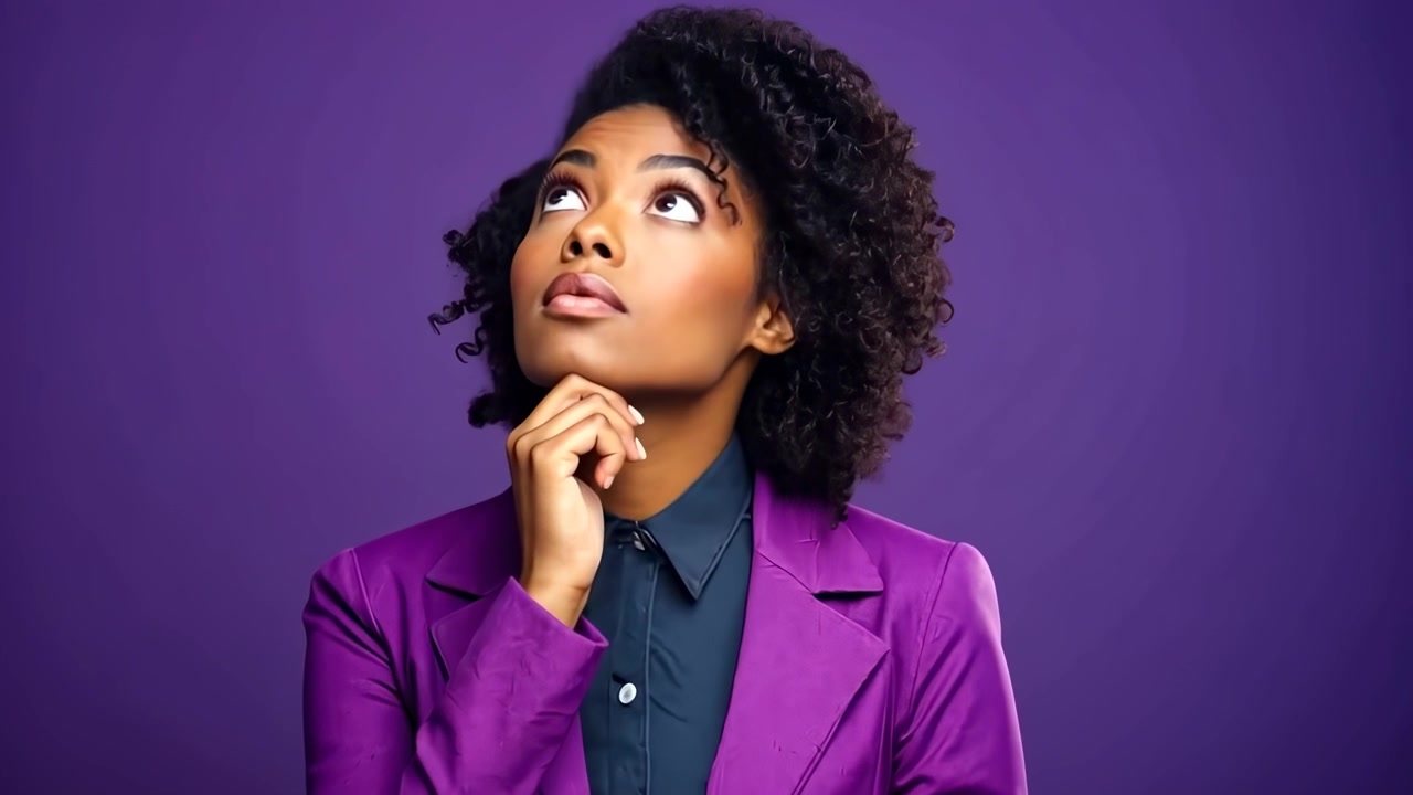 Thoughtful African American Woman Looking Up on Purple Background