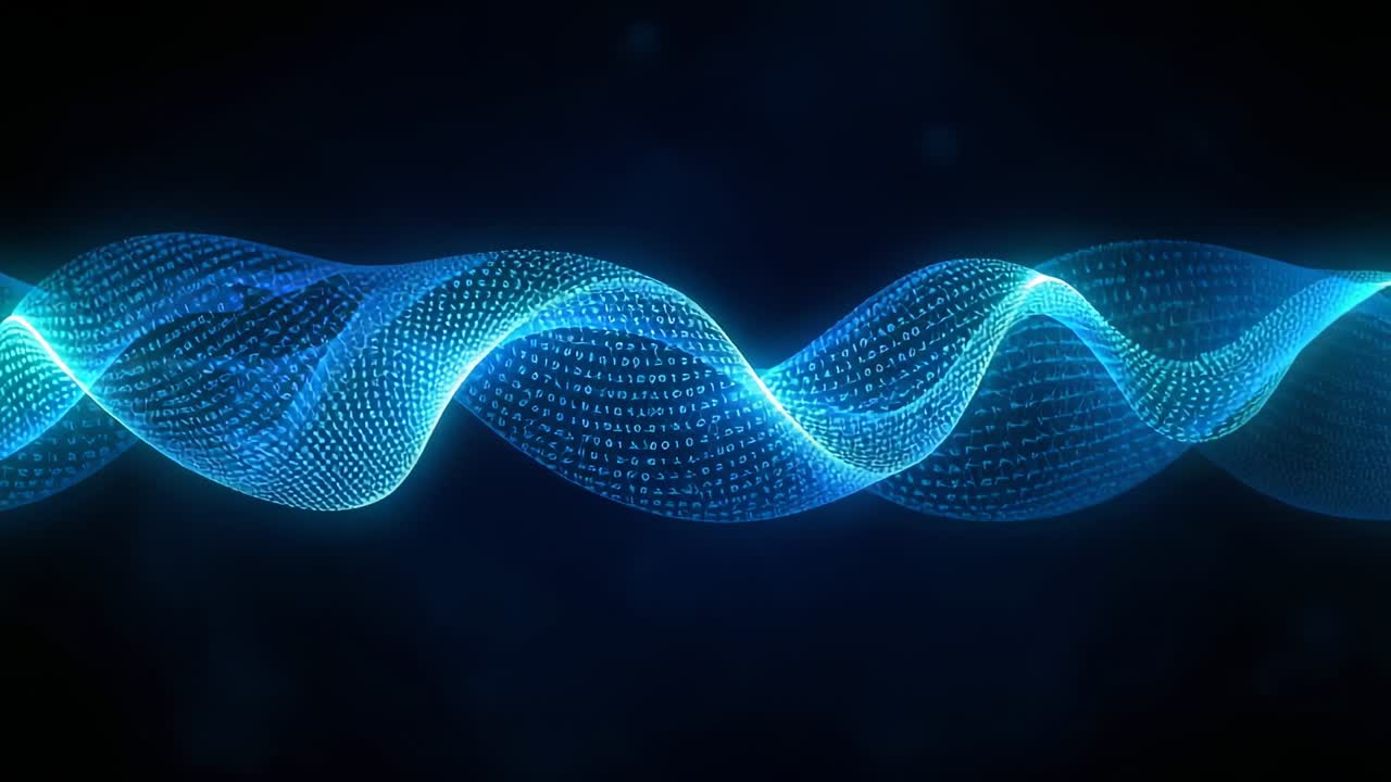 Emerging glowing binary ribbon from left forming undulating wave in dark void, showing data flow
