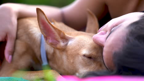 cachorro de perro sabueso descansando con una mujer joven tirada en el suelo, tomando una siesta con su mejor amigo de cerca