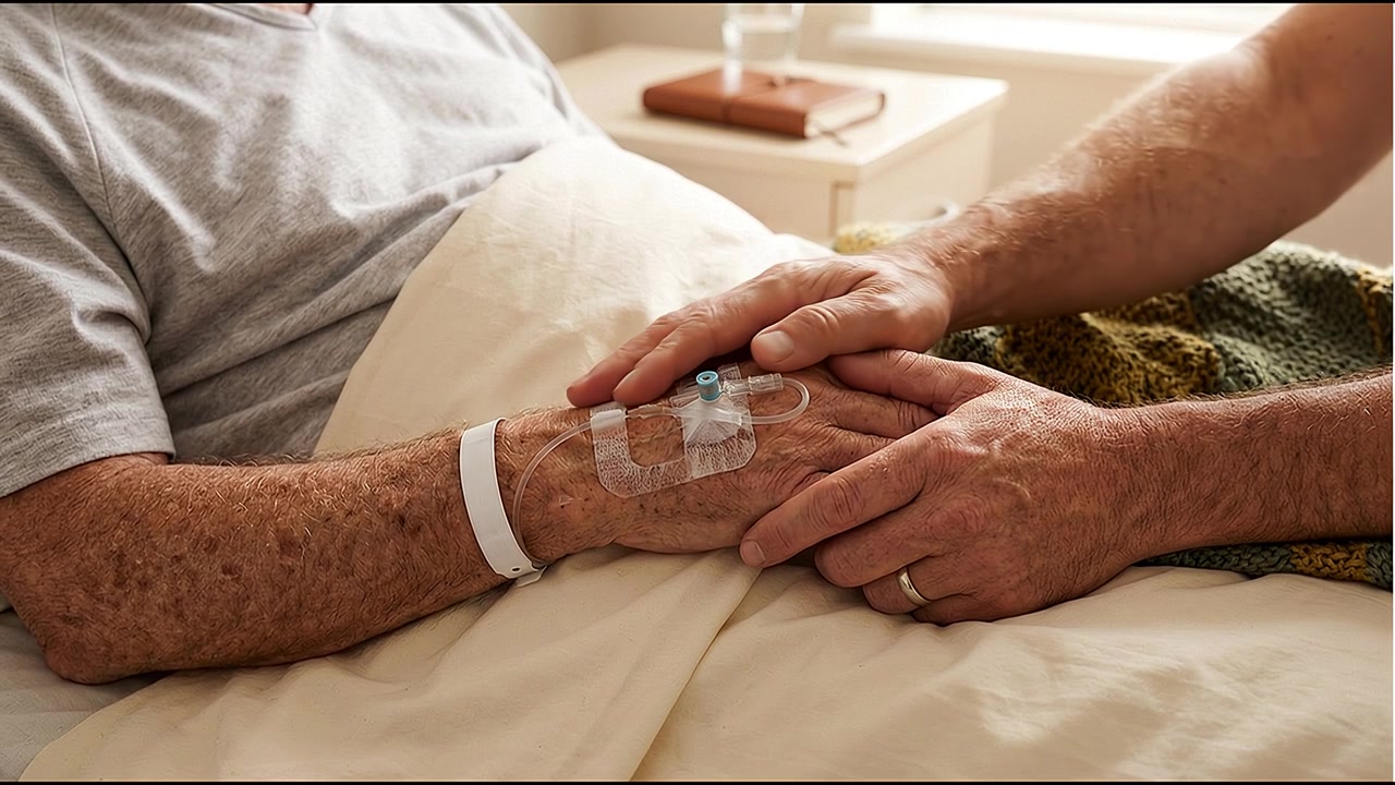 Paziente che riposa in un letto d'ospedale mentre un operatore sanitario fornisce conforto e supporto durante la convalescenza.
