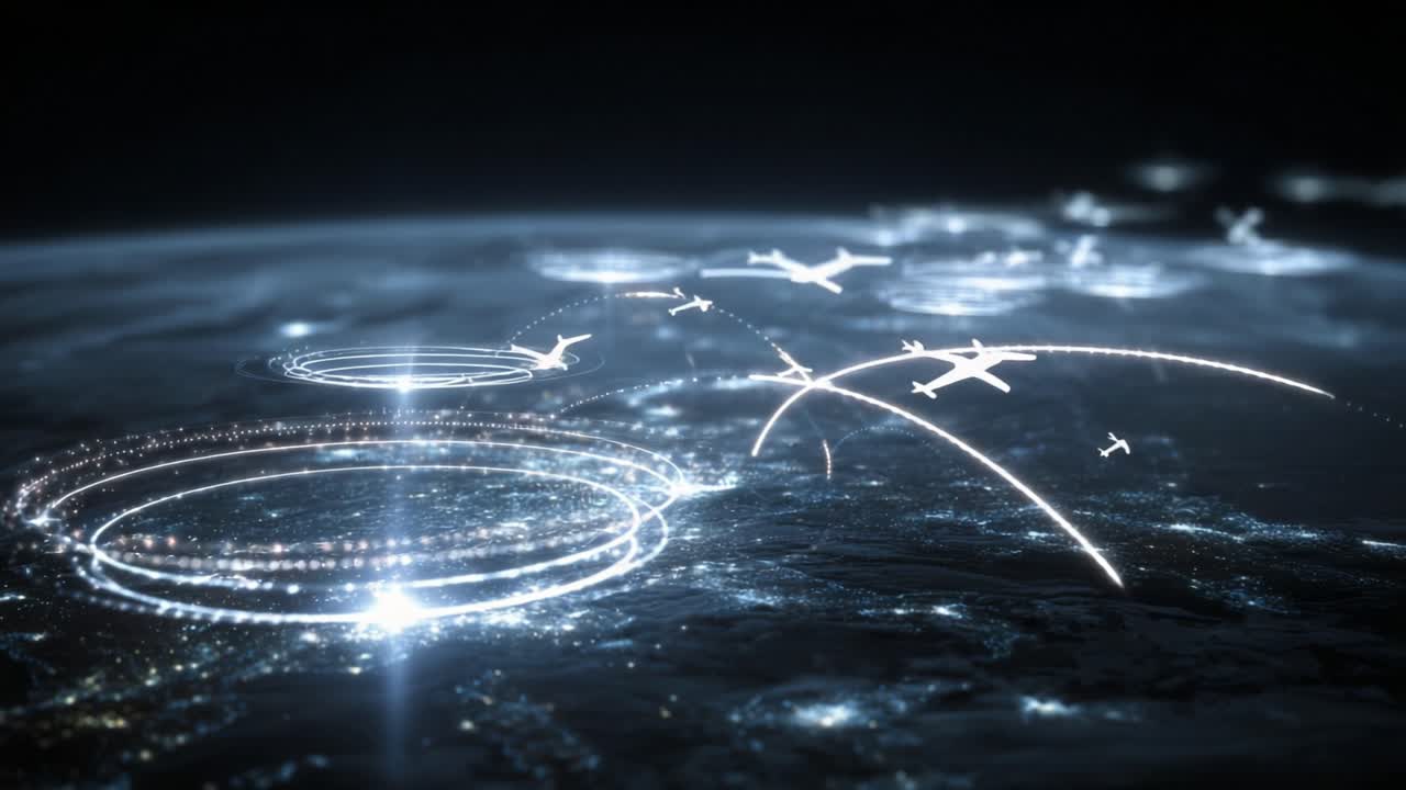 Animated airplanes flying over a stylized Earth at night. Showing interconnected flight paths and global transportation networks with holographic elements. Symbolizing worldwide travel and logistics