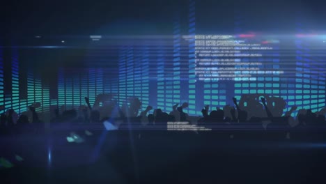 Animation-of-people-silhouettes-dancing-with-data-processing,-spotlights-and-graphic-music-equalizer