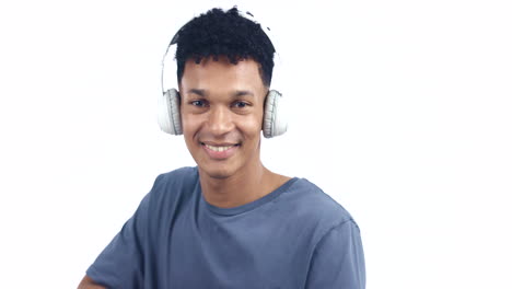 Face,-happy-man-and-dance-with-headphones-at-white