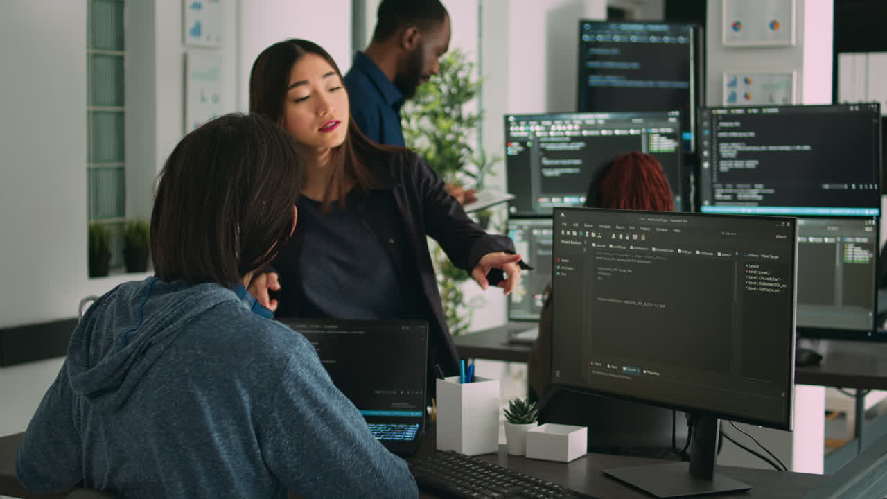 Asian database developers analyzing compiling code on multiple screens