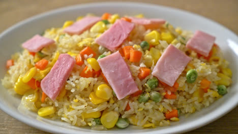 homemade fried rice with ham and mixed vegetable