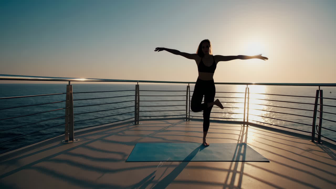 Woman doing yoga on a deck by the ocean at sunset