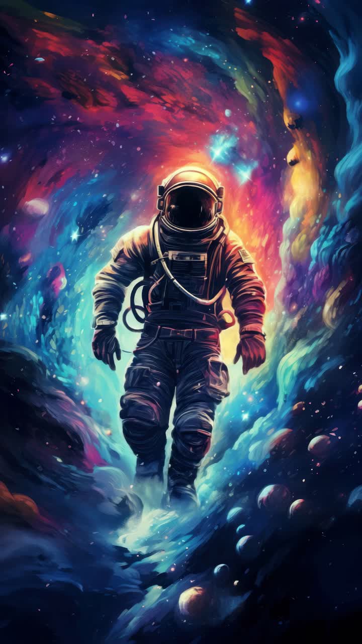 A cosmic-themed video concept with an astronaut floating in a vibrant, swirling galaxy