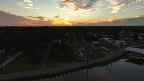 Aerial-view-of-sunrise-in-Des-Allemands,-Louisiana