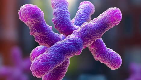 un primer plano de una bacteria púrpura en un fondo borroso