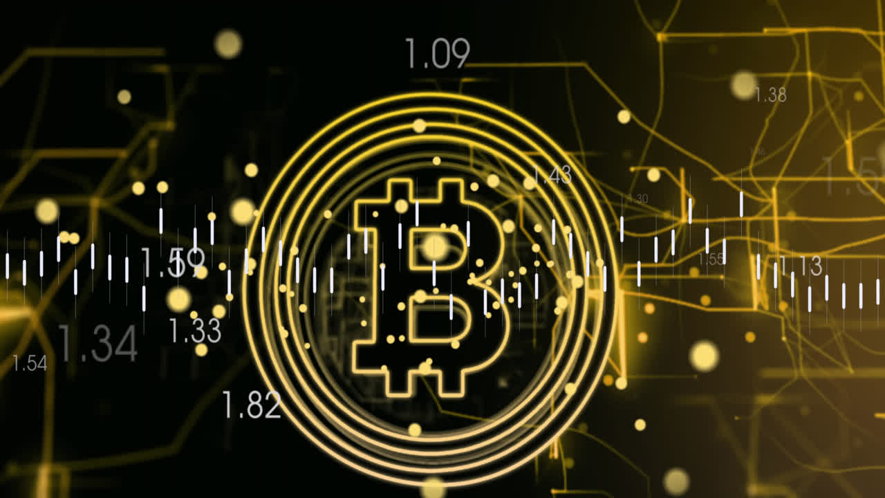 animación de procesamiento de datos y bitcoin sobre fondo negro