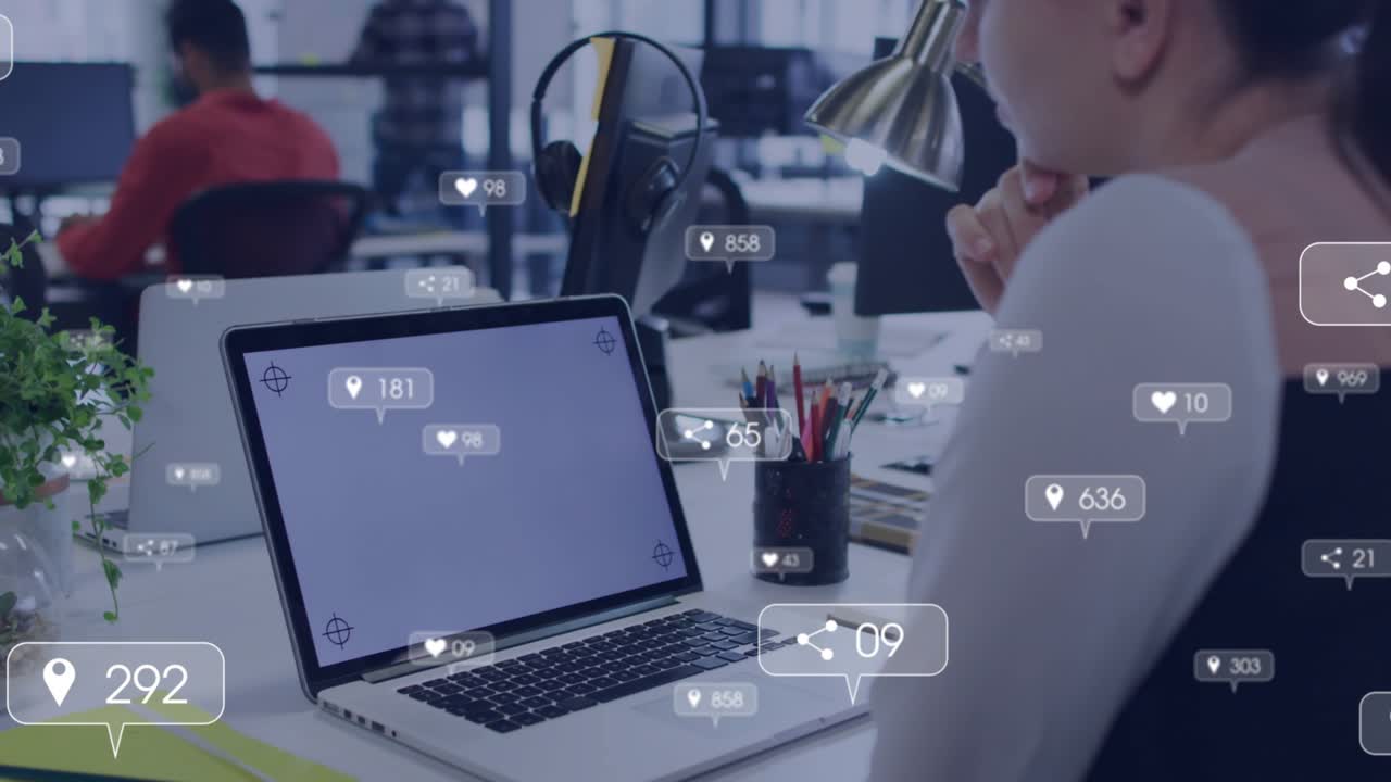 Female worker resting chin on hand at laptop monitoring media counters pin, heart, share animating