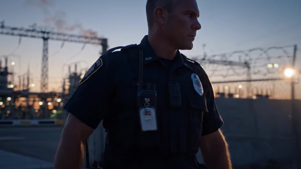 A resolute security officer patrols an industrial facility at dusk, highlighting the importance of vigilance in protecting vital infrastructure from potential threats.